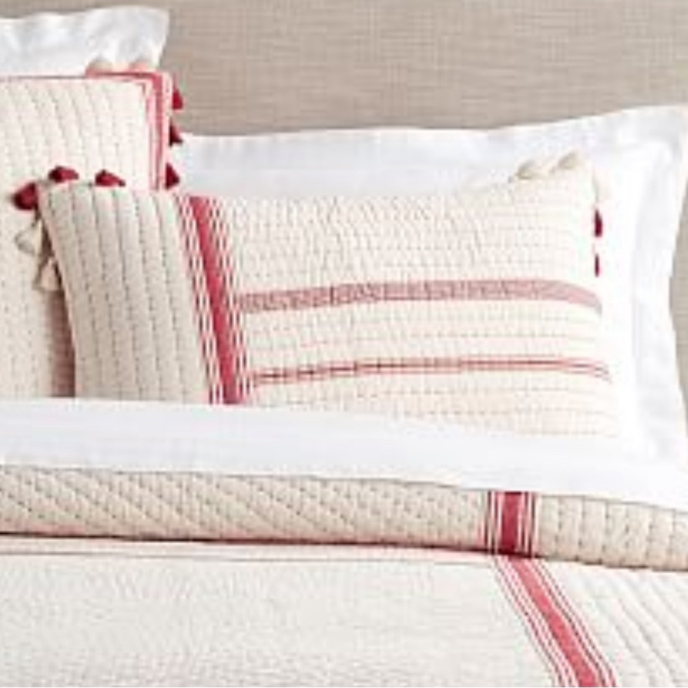 Pottery Barn Nellie Pickstitch Tassel Cotton Farmhouse Pillow Sham Red & Natural